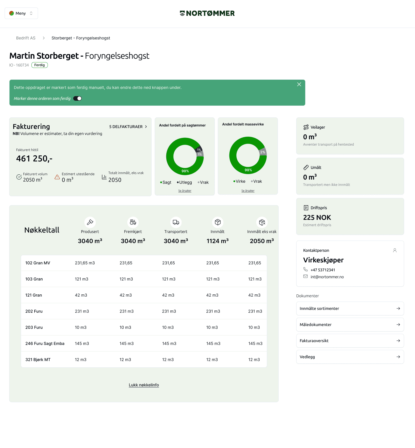 Order details — completed logging operation with billing and volume breakdown